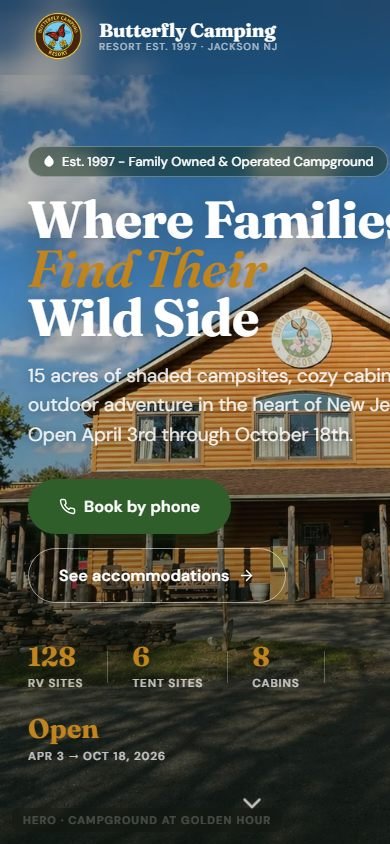 Butterfly Campground homepage — mobile view