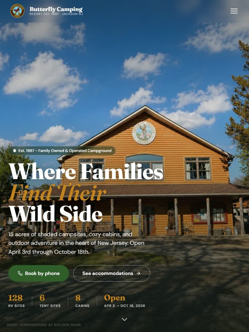 Butterfly Campground homepage — tablet view