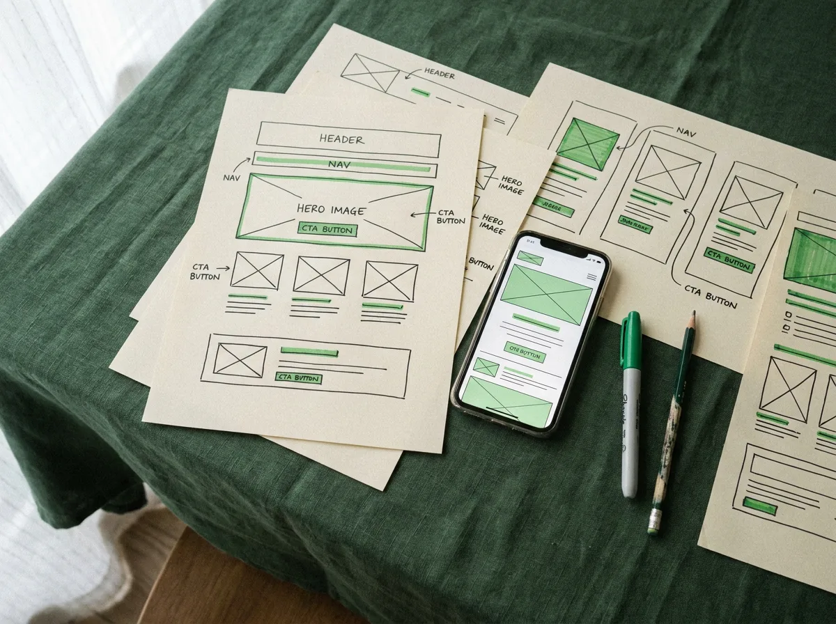 Flat-lay of website wireframe sketches on a desk